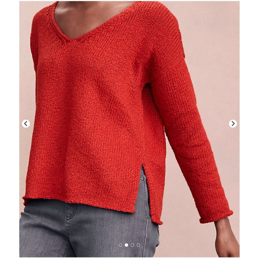 EILEEN FISHER V Neck Peruvian Cotton Crimp V-Neck Dark Coral Sweater // S - Picture 2 of 10